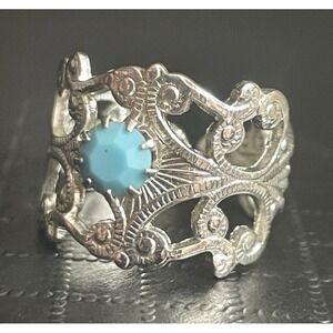 Vintage Lucite Statement Ring Adjustable Intricate Blue Silver Tone Blue NOS